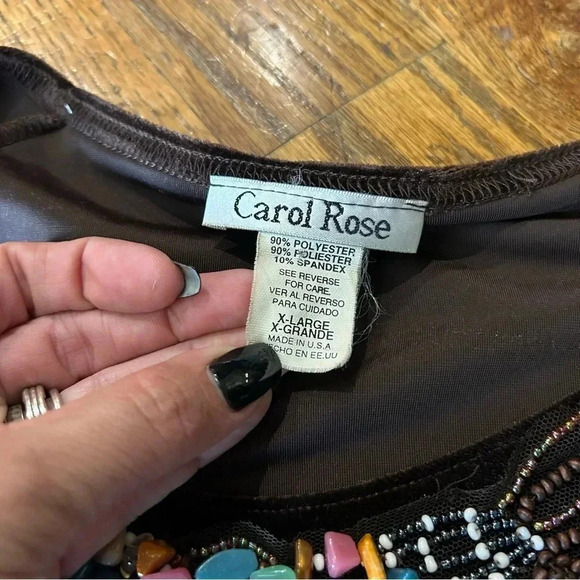 Vintage Carol Rose Size XL Chocolate Brown Velvet Beaded Neckline Sweater - Picture 3 of 3